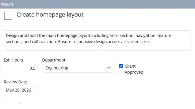 Custom fields showing Est. Hours, Department, Client Approved and Review Date on a task