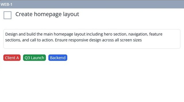 Custom labels showing Client A, Q3 Launch, and Backend color-coded labels on a task