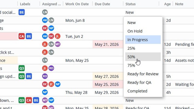 Custom statuses dropdown showing New, On Hold, In Progress, 25%, 50%, 75%, Ready for Review, Ready for QA, Completed