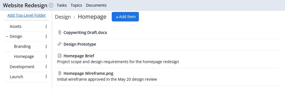 Documents section showing folder hierarchy with Design, Assets, Development and Launch folders