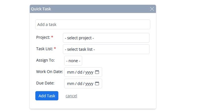 Quick Task modal showing fields to create a task from anywhere in the app