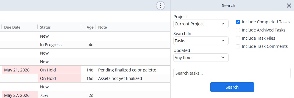 Search panel showing filters over task grid