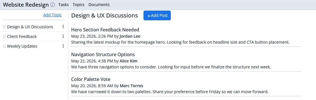 Topics section showing Design and UX Discussions with posts from team members