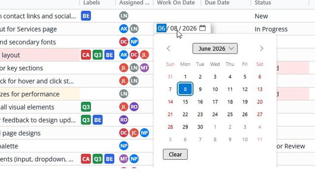 Inline calendar picker open in task grid showing Work-On Date selection