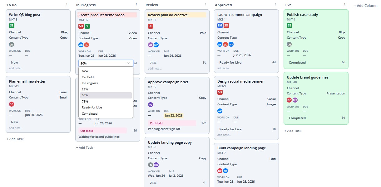 TaskRevo Kanban board showing Marketing project with inline status dropdown open